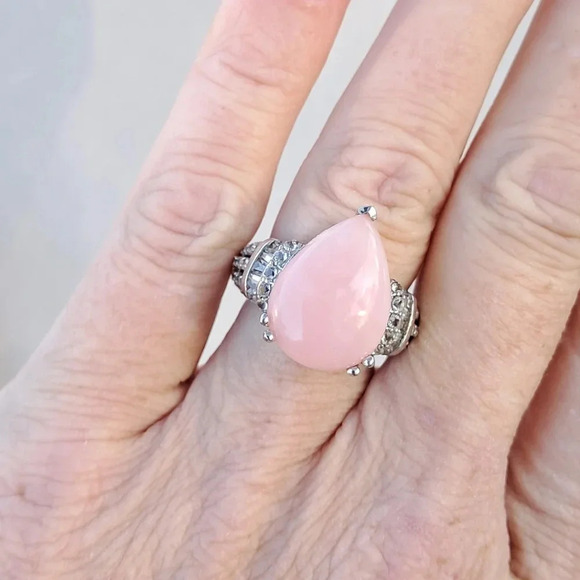 Peach Opal & Natural Diamond Ring In 925 Sterling Silver - Picture 3 of 6